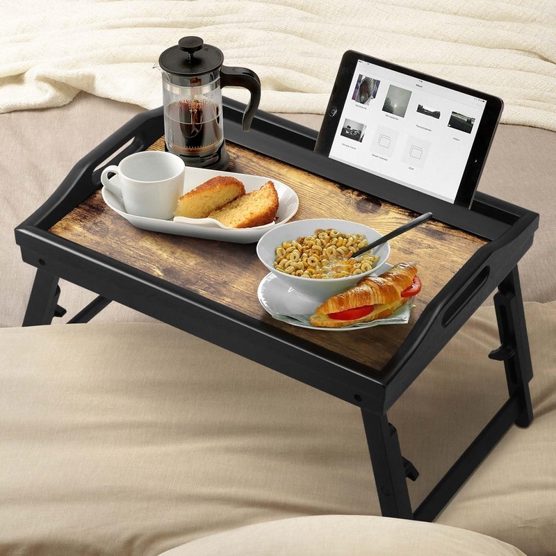 2 Pack Bed Tray Table with Adjustable Legs Breakfast Trays Serving Tray Bambo... gallery