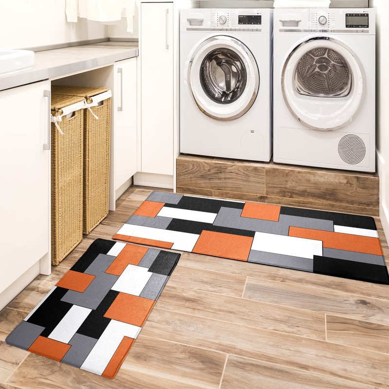 Orange Black Grey White Kitchen Rugs Set of 2 Cushioned Anti Fatigue 17.5x47 gallery