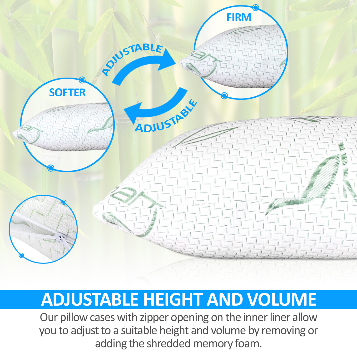 Elif Bamboo Pillows Adjustable Shredded Memory Foam Bed Pillows King or Queen gallery