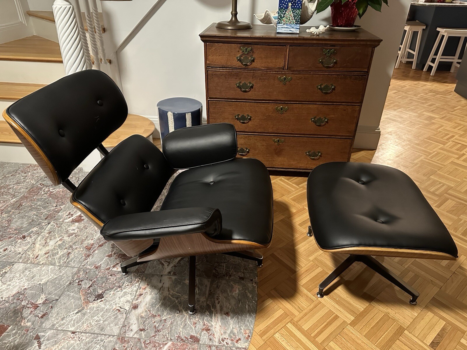 Mid Century Eames Style Lounge Chair & Ottoman Black Vegan Leather — New In Box gallery