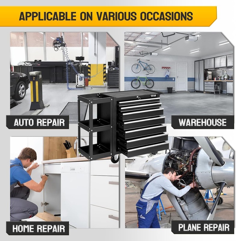 7-Drawer Rolling Tool Chest Tool Cabinet Storage Box with Side Shelves Workshop gallery