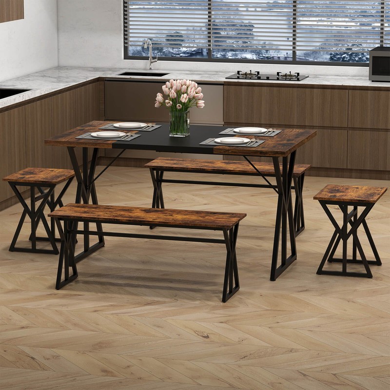 5-Piece Dining Room Set with 2 Benches & 2 Stools, Metal Frame for Small Room gallery