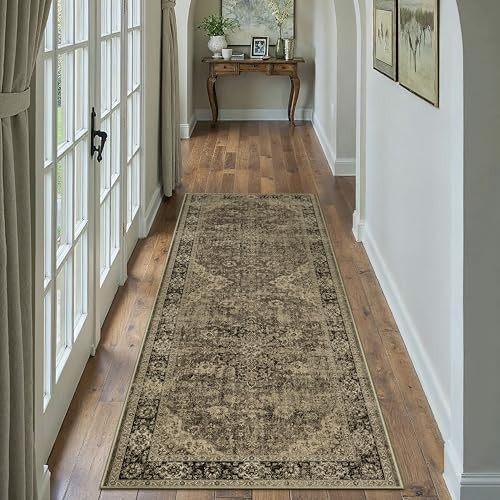 2x6 Runner Rug Hallway Machine Washable Retro Brown Vintage Floral Low Pile gallery
