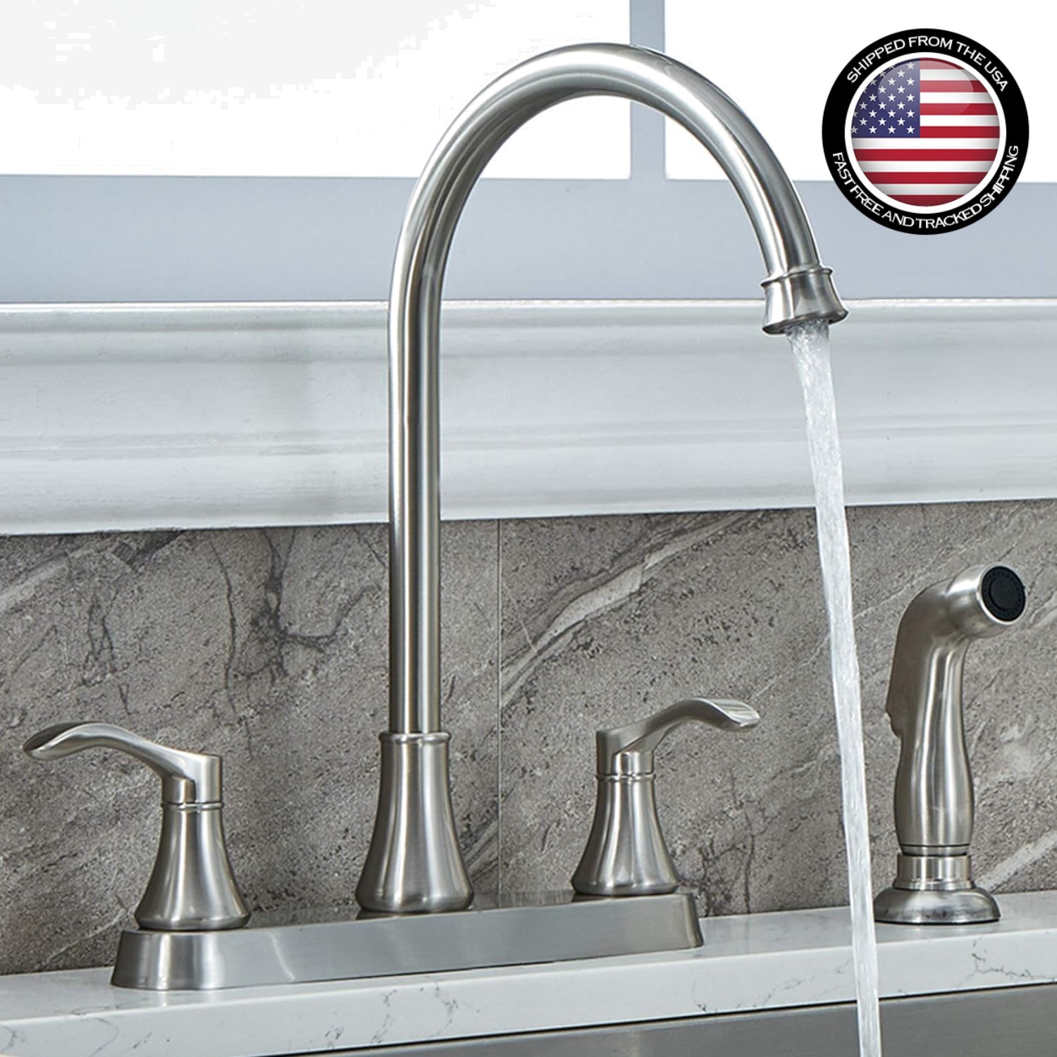 3 Hole or 4 Hole Two Handle Kitchen Faucet with Side Sprayer, Commercial Lead-Fr gallery
