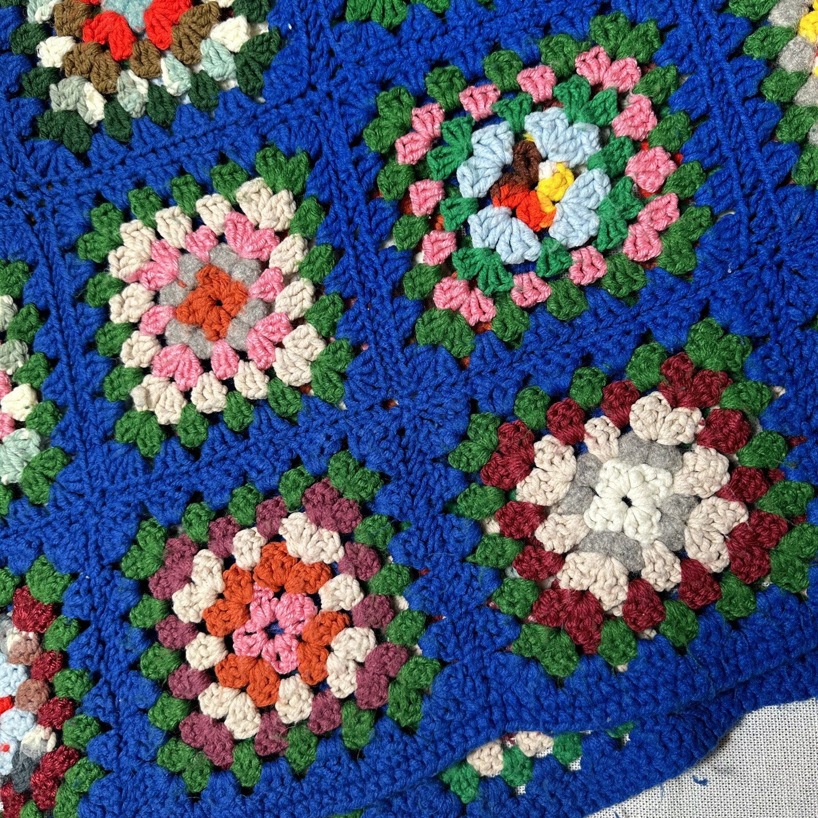 Vintage Handmade Crochet Granny Square Afghan Throw Blue Multicolor 57x37 gallery