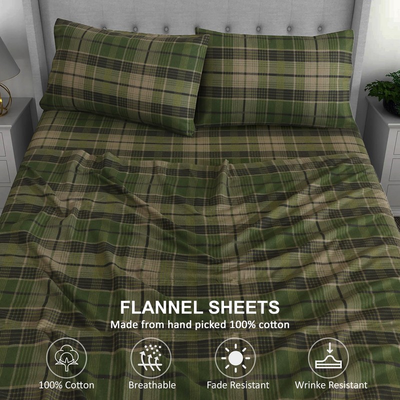 RUVANTI 100% Cotton 4 Pcs Flannel Sheets Green & Grey Plaid Full Sheets , Deep gallery