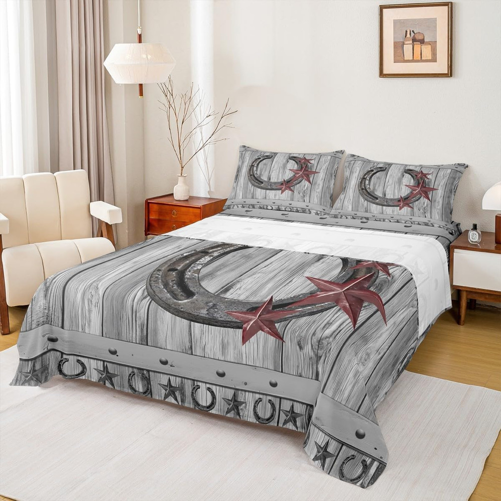 Rustic Grey Horseshoe Sheet Set Queen Size for Kids & Teens Room Decor 4Pcs