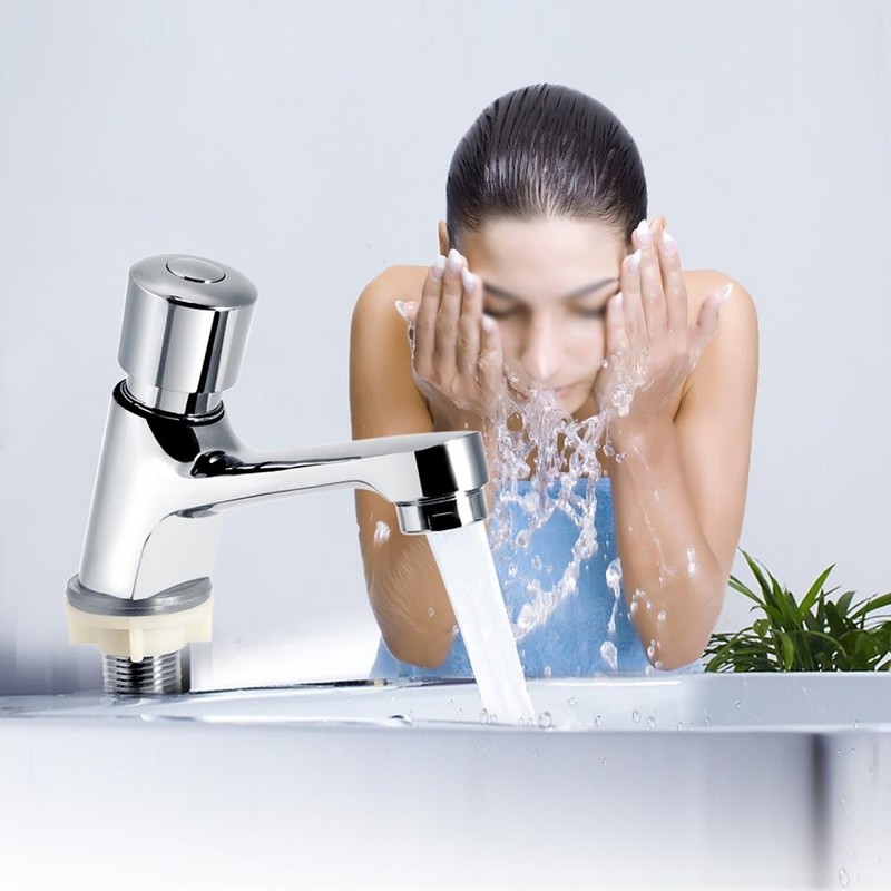 Basin Sink Faucet Push Button Design Water Saving Rugged Time Delay Bathroom US gallery