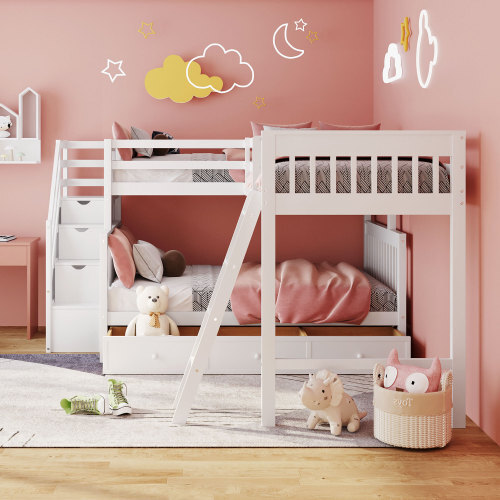 L Shaped Bunk Bed Triple Bunk Bed with 3 Drawers and Storage Stair Wood Loft Bed gallery