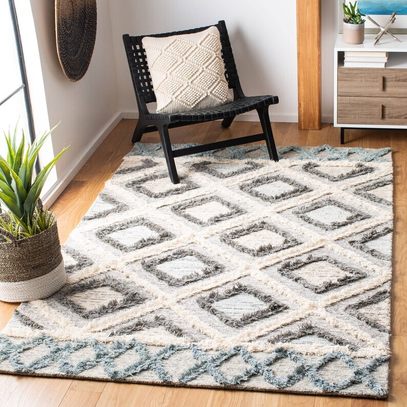 Hand Tufted 100% NZ Wool Rug Handmade Loop and Cut Pattern Woolen Area Rug gallery