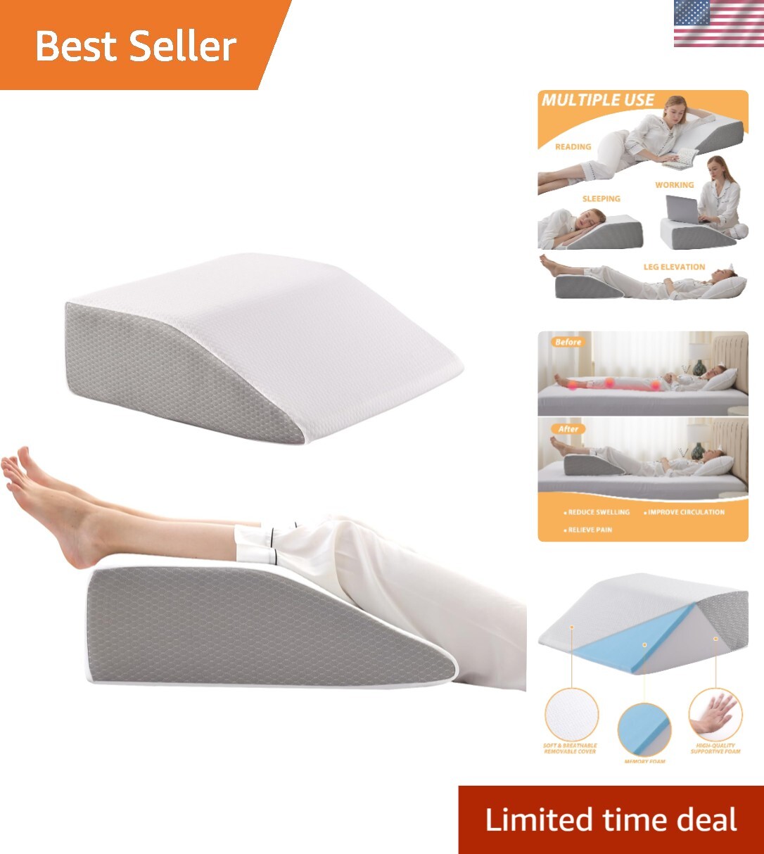 Stylish Leg Elevation Pillow with Removable Washable Cover - 8 Inch Foam Wedge gallery