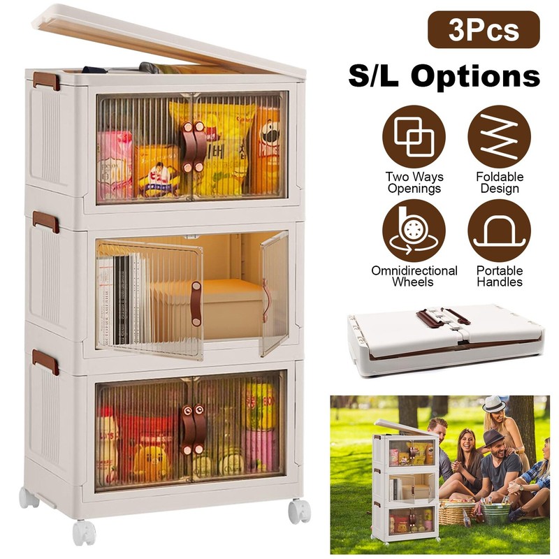 3 Pack Stackable Storage Bins with Wheels & Lids Magnetic Door Plastic Container gallery