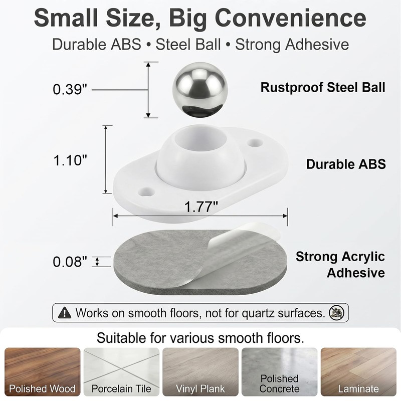 8 White Self-Adhesive Mini 360° Swivel Casters, Silent, Non-Scratch, 66lb gallery
