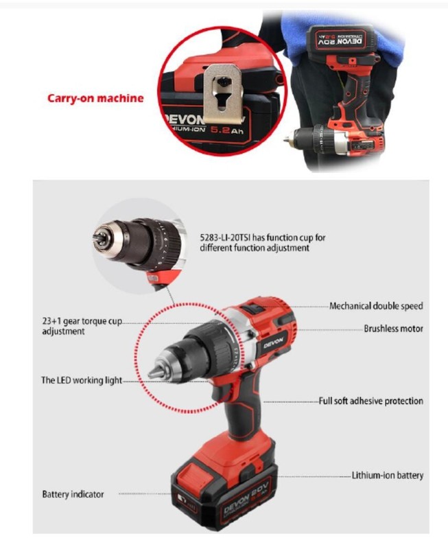 DEVON 5282-Li-20TS-4.0Ah 20V Drill Driver Brushless Drill - No Battery gallery