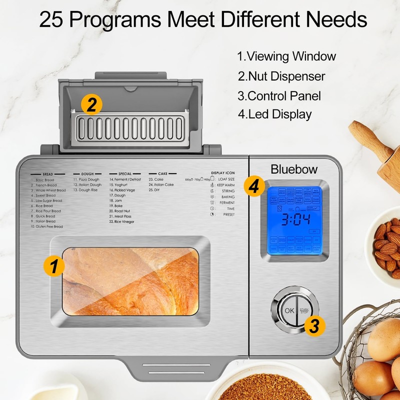 Bluebow 25-in-1 2LB Bread Machine with Auto Fruit/Nut Dispenser, Stainless Steel gallery