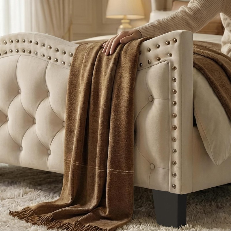 50" Tall Queen Wingback Bed Frame, Cream Ivory Velvet Button Headboard Footboard gallery