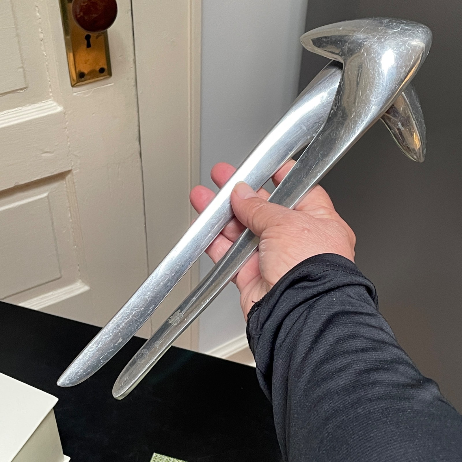 13” polished Aluminum Abstract Modernist L Shape Salad Spoons gallery