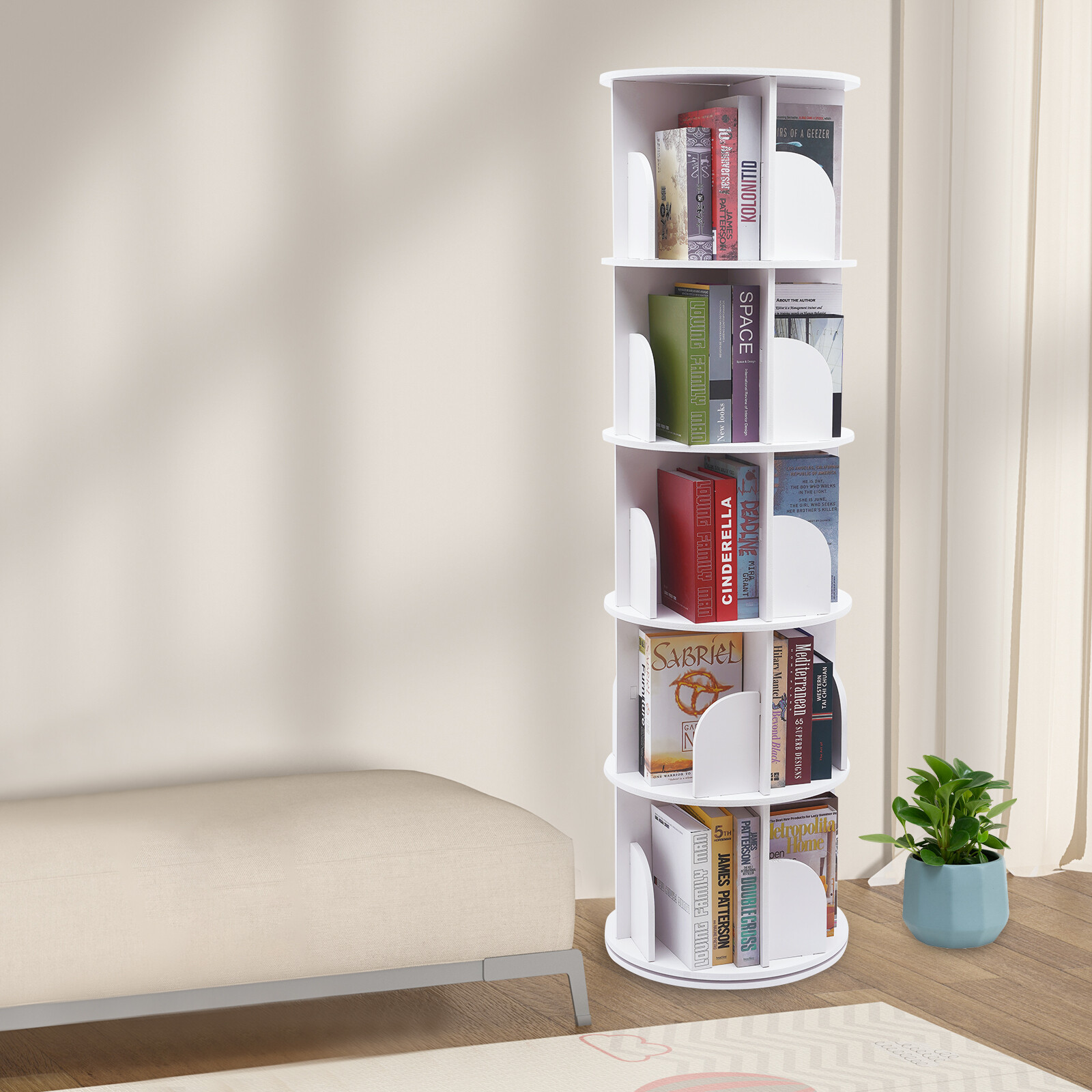 5 Tiers White 360° Round Rotating Bookshelf Organizer for Kitchen or Dining Room gallery