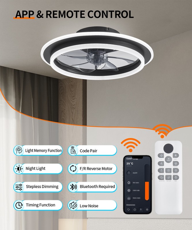 20" Flush Mount Ceiling Fan Light with APP Remote Control 3000-6000K Dimmable gallery