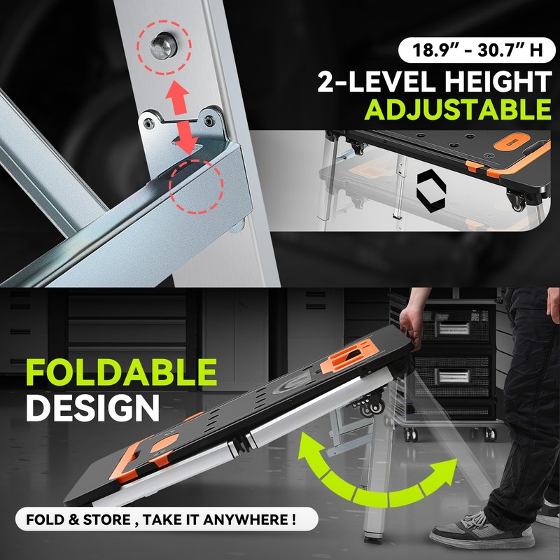 Orange 7-In-1 Multifunctioanl Adjustable Foldable 220LB Work Bench w/ 4 Wheels gallery
