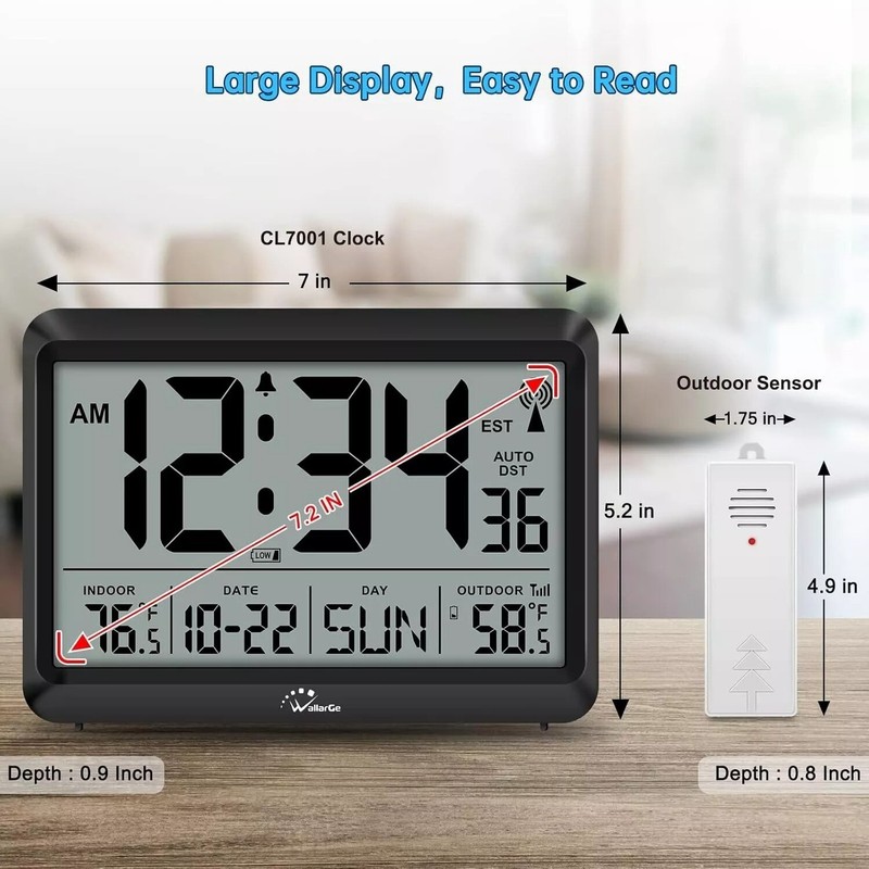 Atomic Clock With Indoor Outdoor Temperature, Self-setting Digital Wall gallery