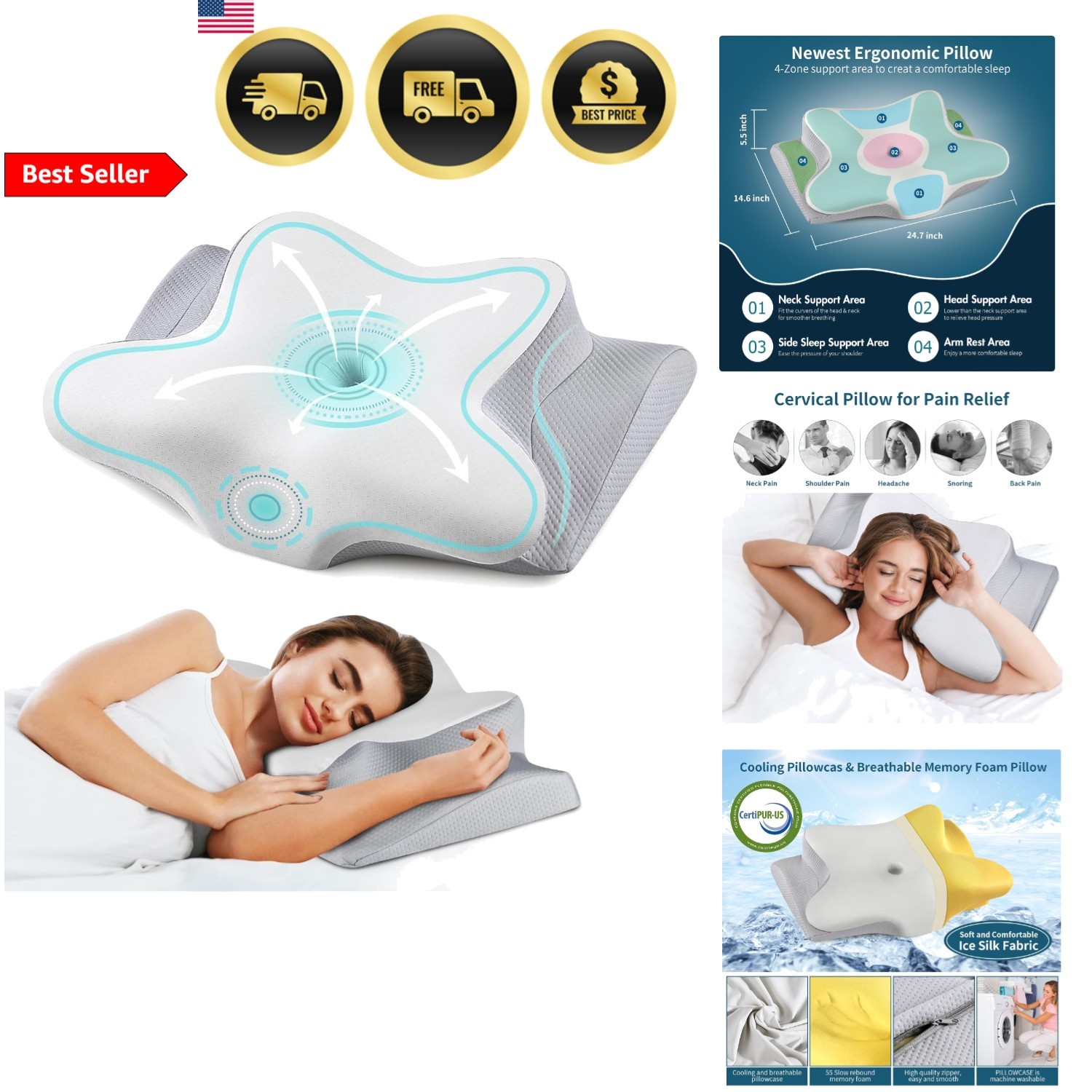 Neck Pillow Cervical Memory Foam Pillow for Pain Relief Side Sleepers gallery