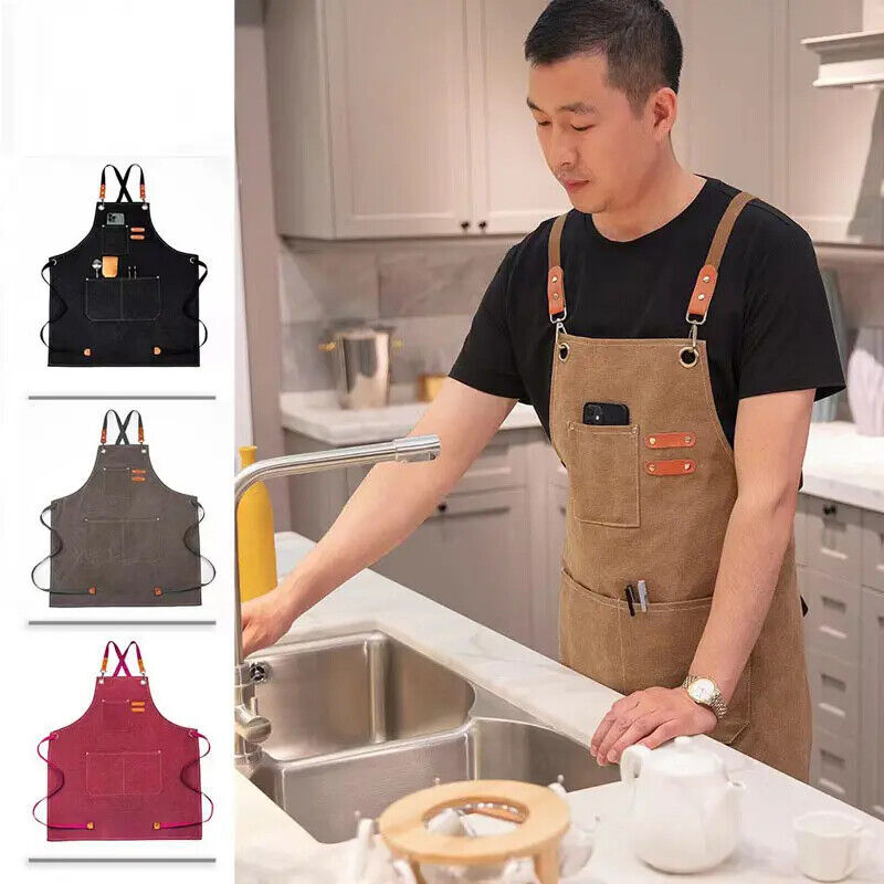 HEAVY DUTY Canvas Kitchen Chef Cooking Apron Cross-Back Adjustable Bib Work BBQ gallery