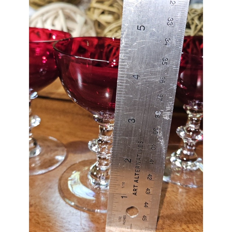 VTG Ruby Red Cordial Cocktail Glasses Goblets Set of 4 Fancy Clear Stems 4.25” gallery