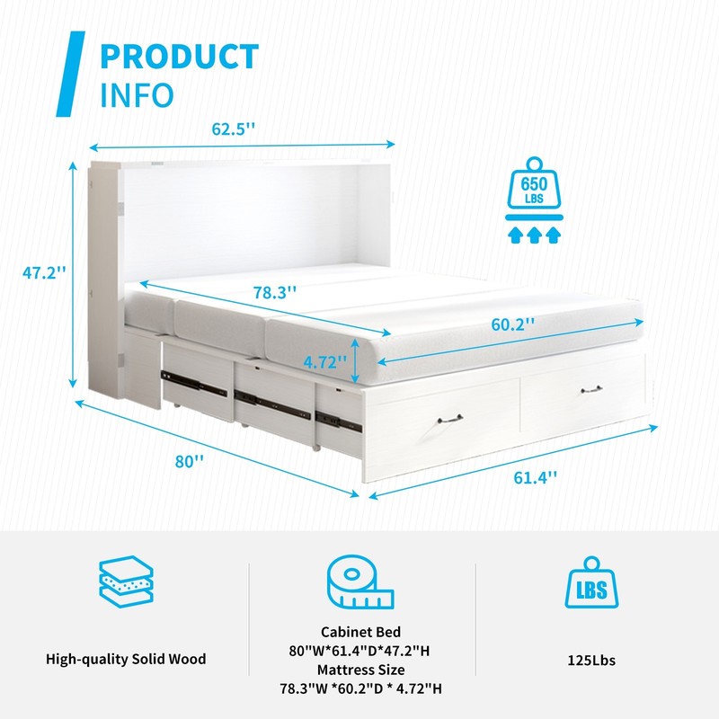 Zafly Queen Murphy Bed with Foldable Mattress, Wall Bed with Charging Station gallery