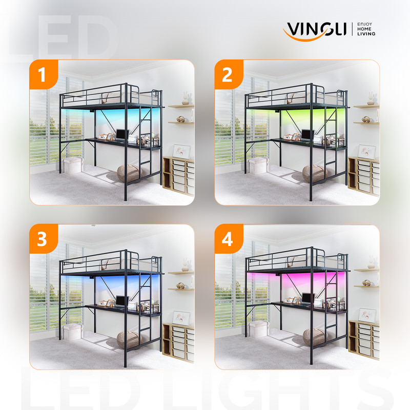 Twin Size Metal Loft Bunk Bed Frame for Kids Teens Adults with Desk Underneath gallery