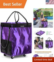 Durable 66lb Capacity Foldable Rolling Tote Bag in Purple – Perfect for Shopping