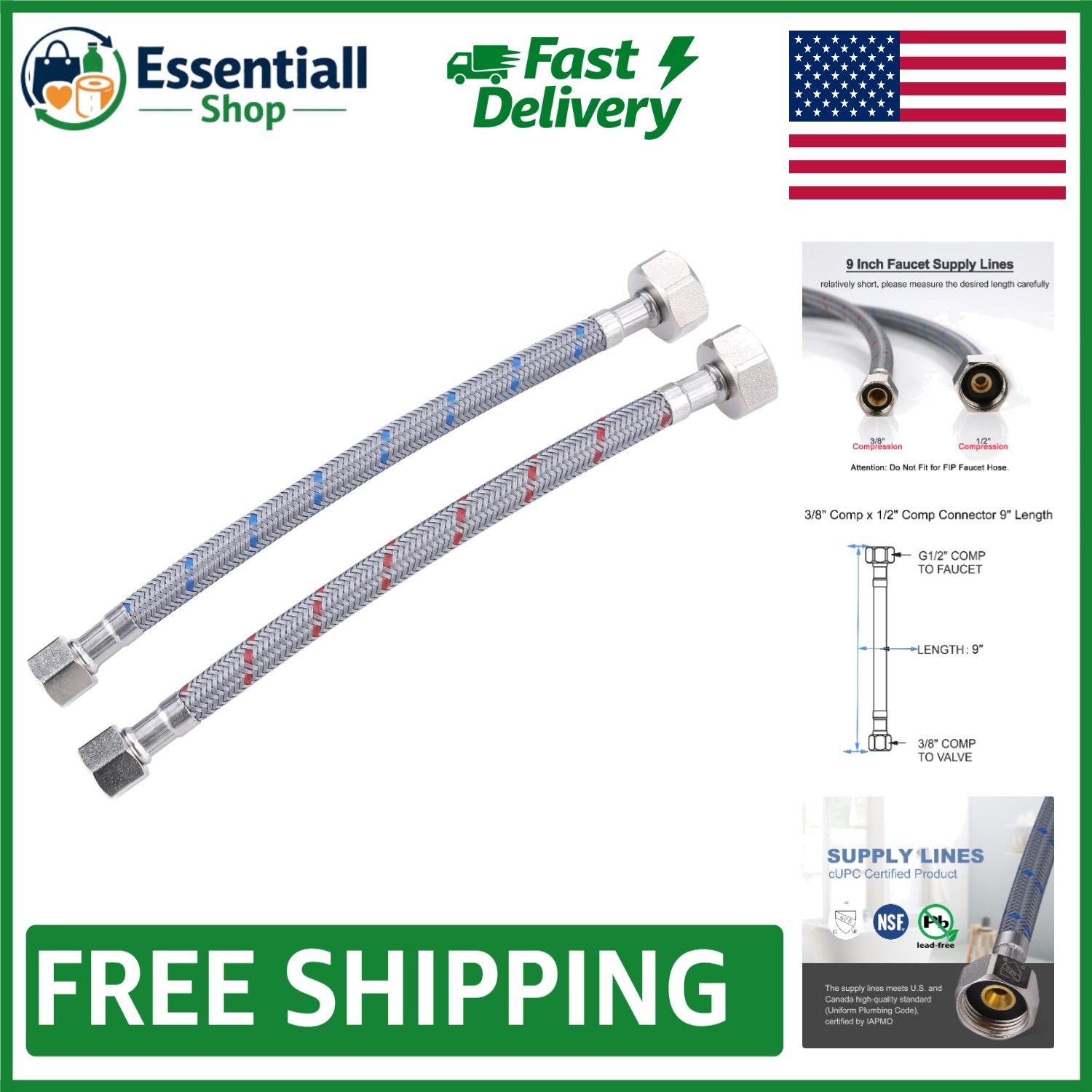 Durable 3/8" x 1/2" Female Compression Faucet Hose – 9 Inch, Leak-Proof Design gallery