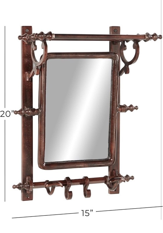 Brown Bathroom Wall Rack with Hooks & Rectangular Mirror 9in D x 16in L - NEW gallery