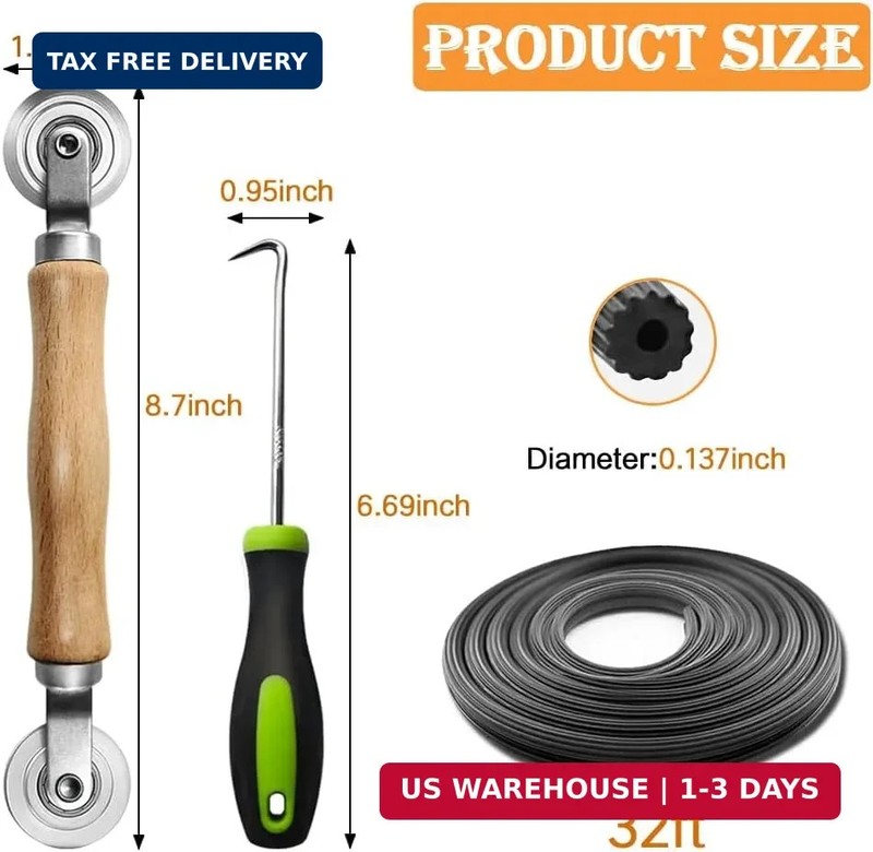 3in1 Window Screen Repair Kit Roller Tool w/ 32FT Spline & Hook gallery