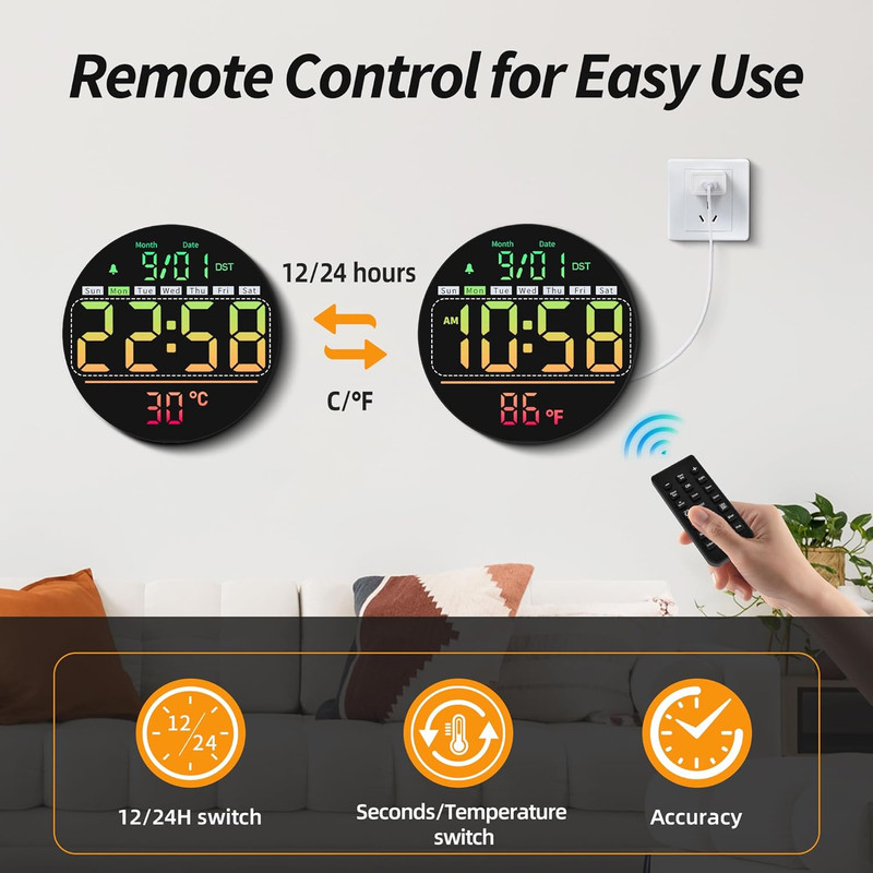 Led Digital Wall Clock with Timer, Seconds, Temperature, Date, DST, Nightlight, gallery