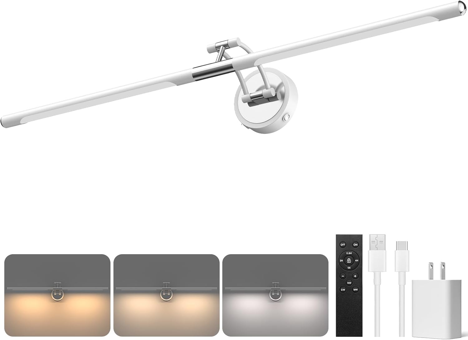 Dimmable Battery Operated Picture Light with Remote - 38" Rechargeable Chrome gallery