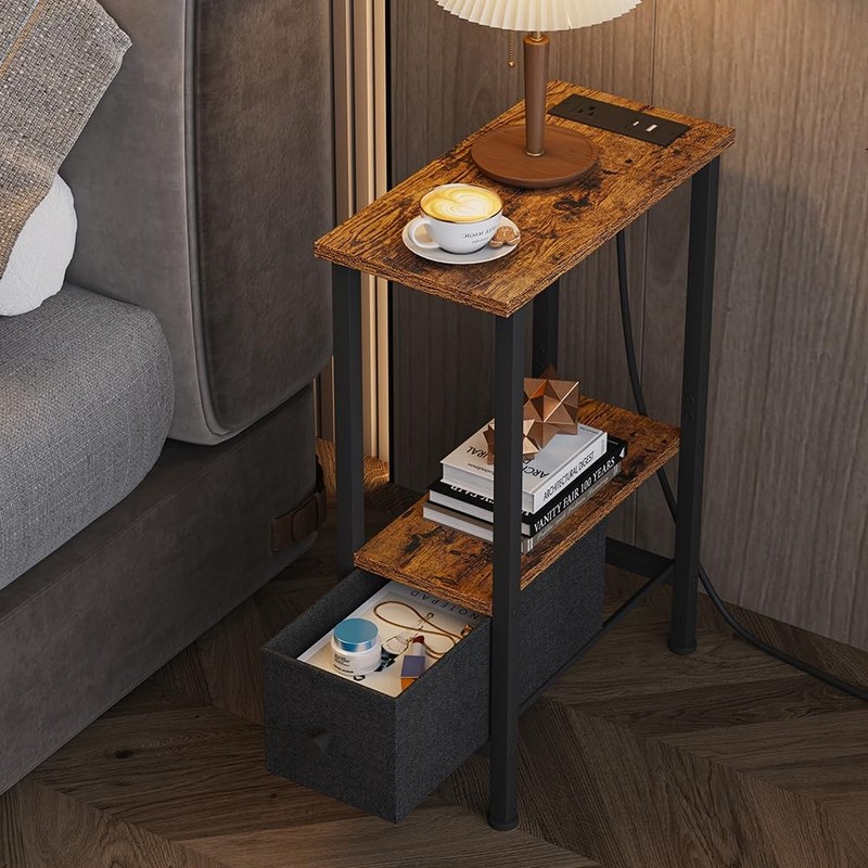 Rustic Brown Narrow Side Table Charging Station USB Ports Outlet 1 Drawer gallery