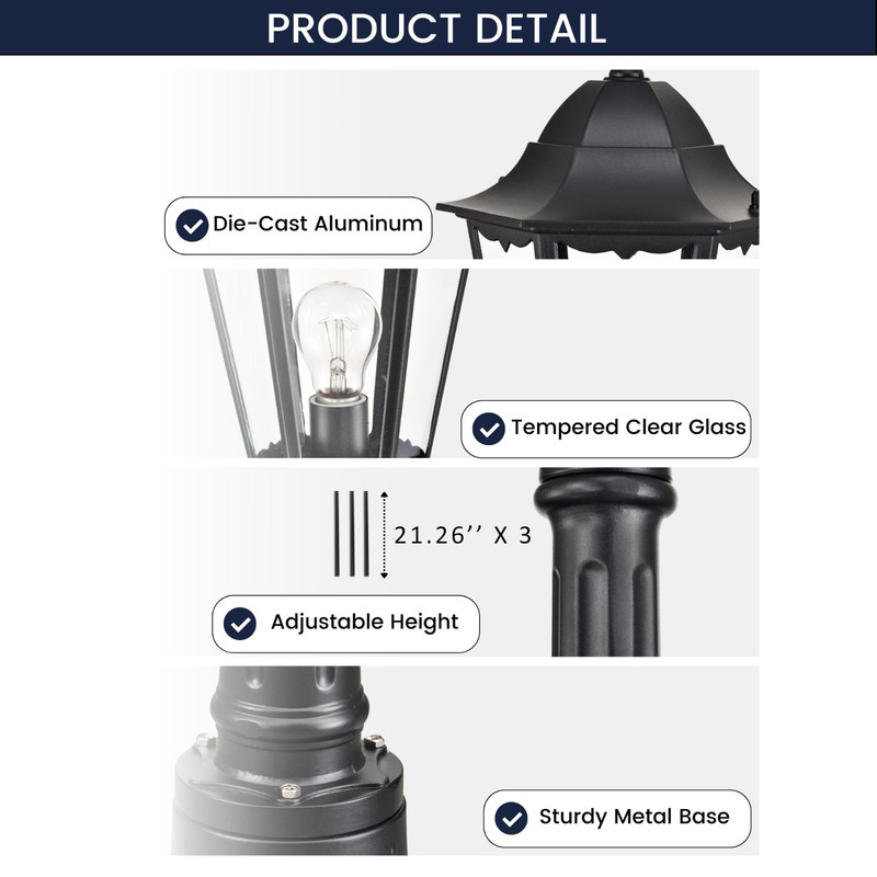 84" Black Adjustable Outdoor Lamp Post Light-Hardwired,Weatherproof,Yard,Garden gallery