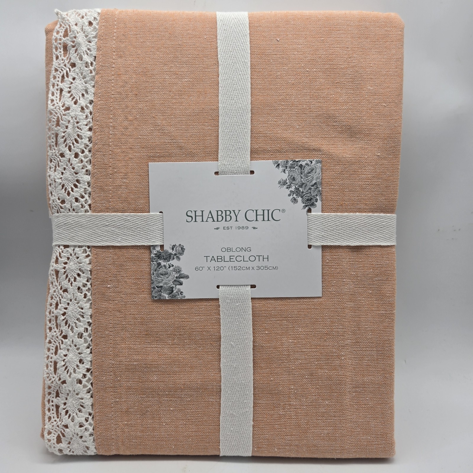 Shabby Chic 60x120 Oblong Peach Tablecloth With White Lace Edging Orange Cotton gallery