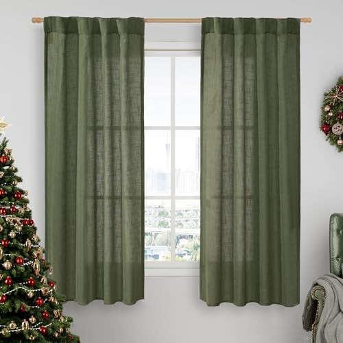 Semi Sheer Linen Curtains, Light Filtering 34"W x 63"L (Pack of 2) Olive Green gallery