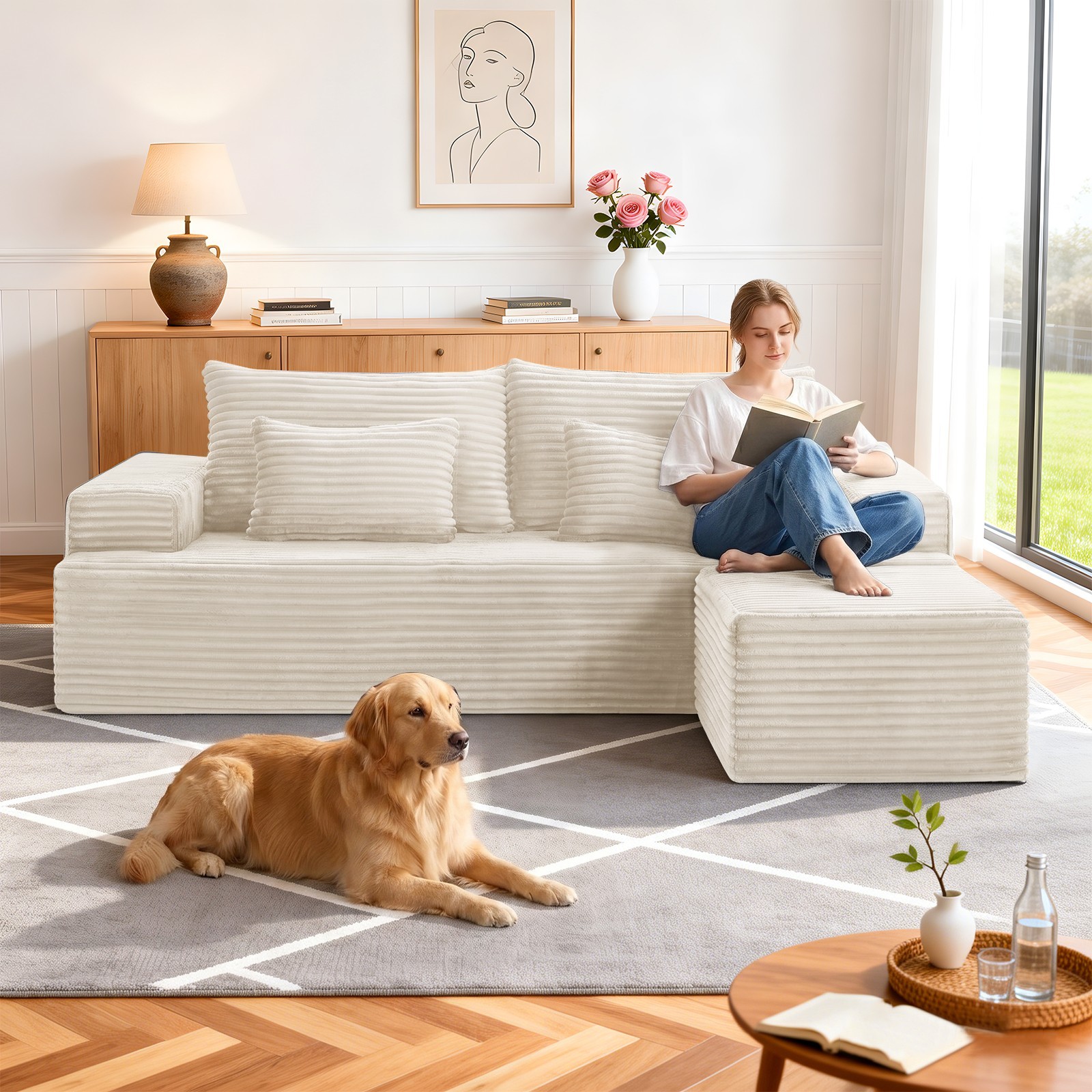 L-Shape Modular Cloud Couch with Movable Ottoman Chaise, Corduroy, No Assembly gallery