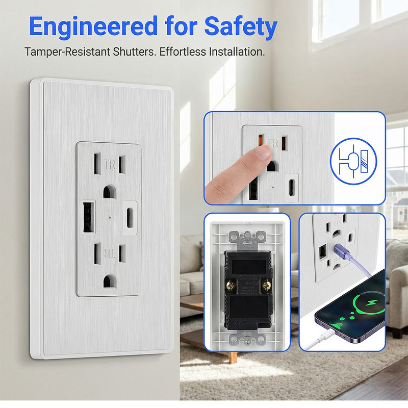 1-5 Pack UL Listed Wall Outlet with USB-A & USB-C Ports 15A Tamper Resistant gallery