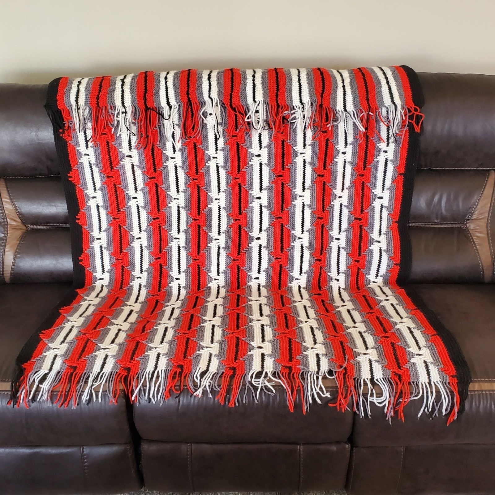 Handwoven Red Gray Black White Geometric Pattern Throw Blanket Fringe 42" x 80" gallery