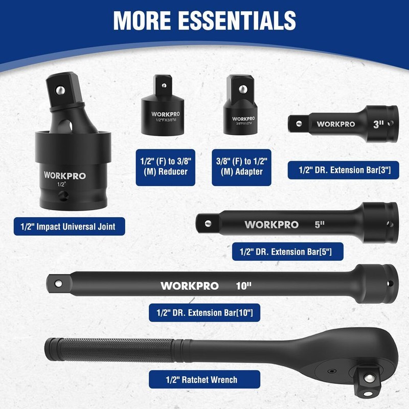 WORKPRO 65PC 1/2” Drive Impact Socket Sets 3/8"-1-1/4" 10-24mm Deep Shallow Kits gallery