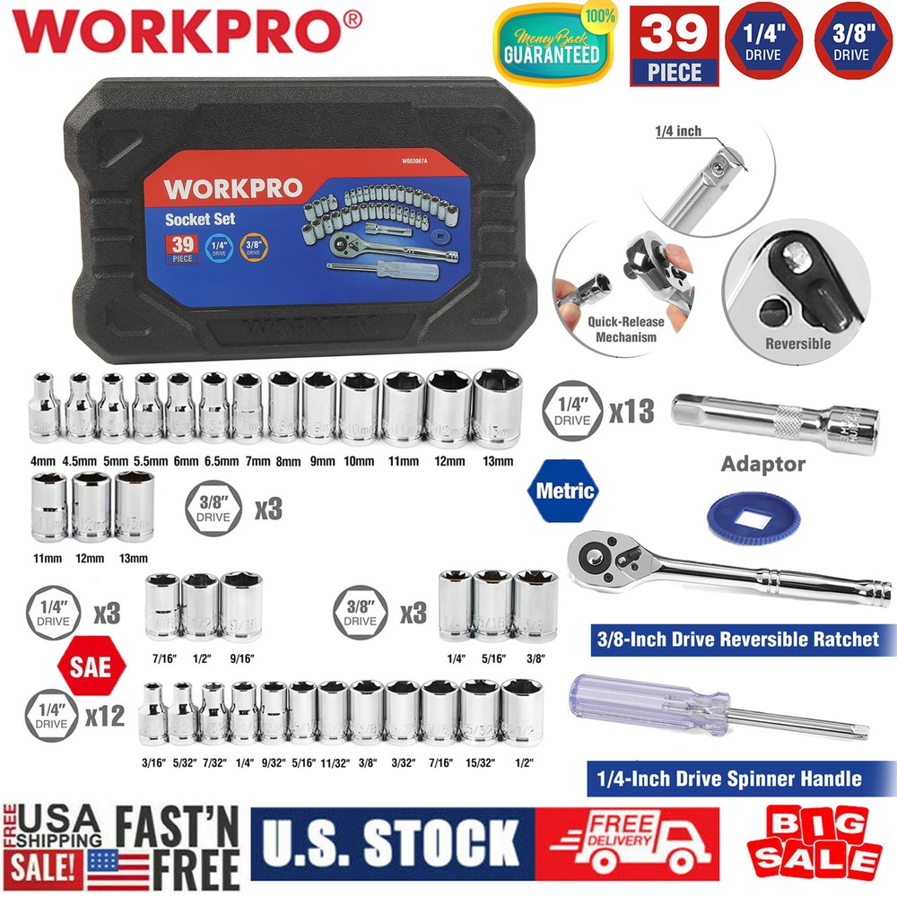 WORKPRO 39PCS 1/4" 3/8" Drive Socket Set 6-8 Point Ratchet Socket Set Metric SAE