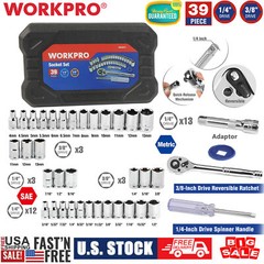 WORKPRO 39PCS 1/4″ 3/8″ Drive Socket Set 6-8 Point Ratchet Socket Set Metric SAE