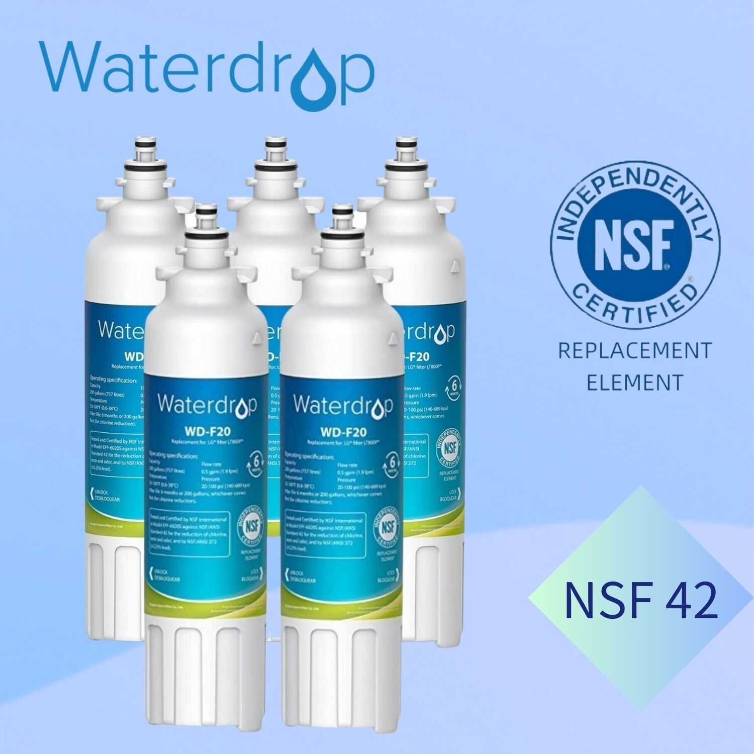 Waterdrop Refrigerator Water Filter, Replacement for LG® LT800P®, Pack of 5 gallery
