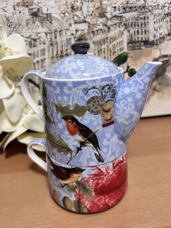 Ceramic Tea For One Teapot Set Classic Blue Birds Floral Design. Brand New. gallery