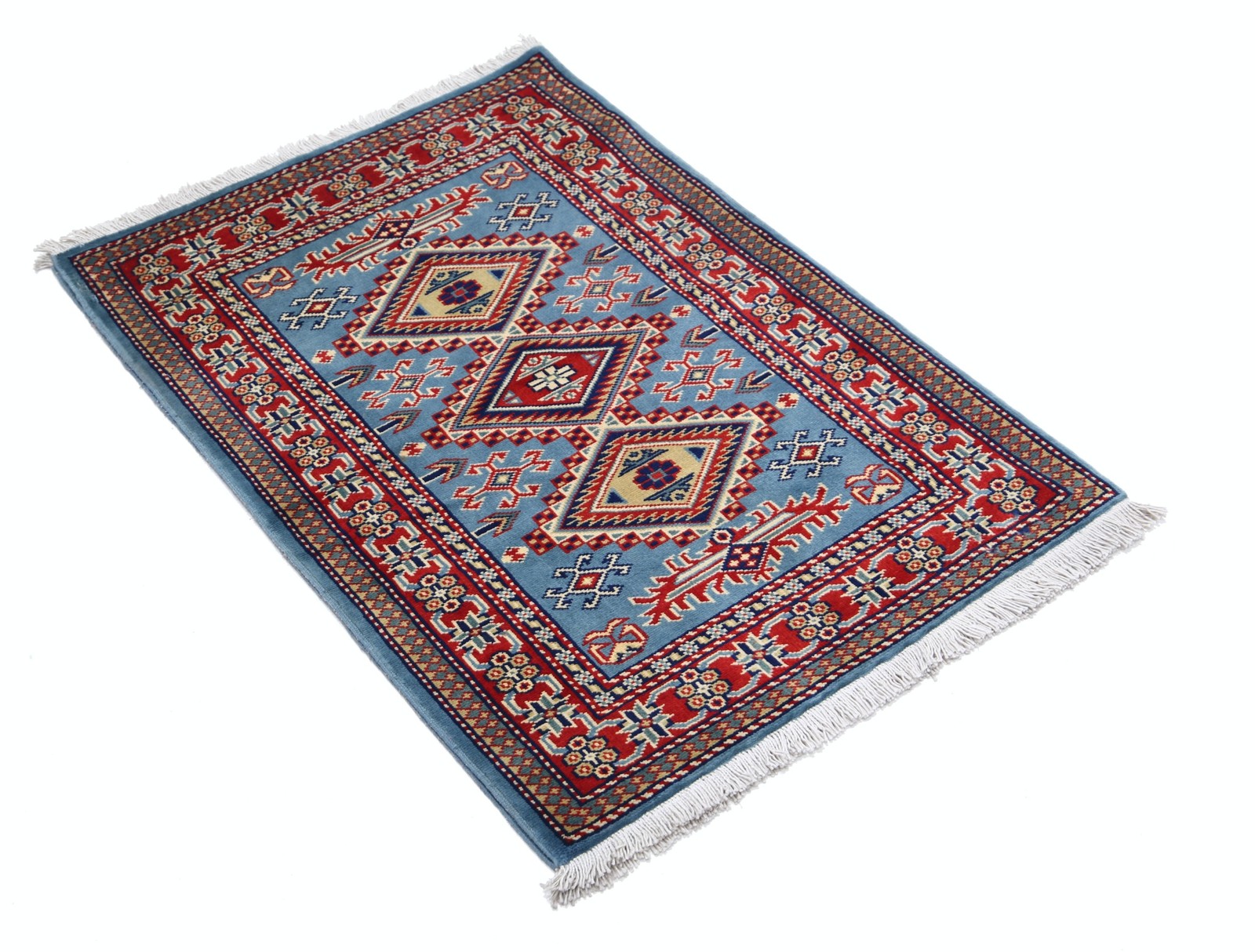 2x3 ft Handmade Blue, Red, Ivory Wool Accent Rug with Geometric Medallion Design gallery