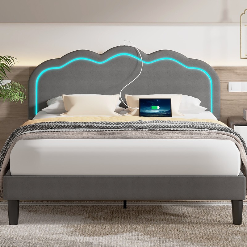 LED Light Queen Full Twin Size Bed Frame Charging Station Headboard Platform gallery